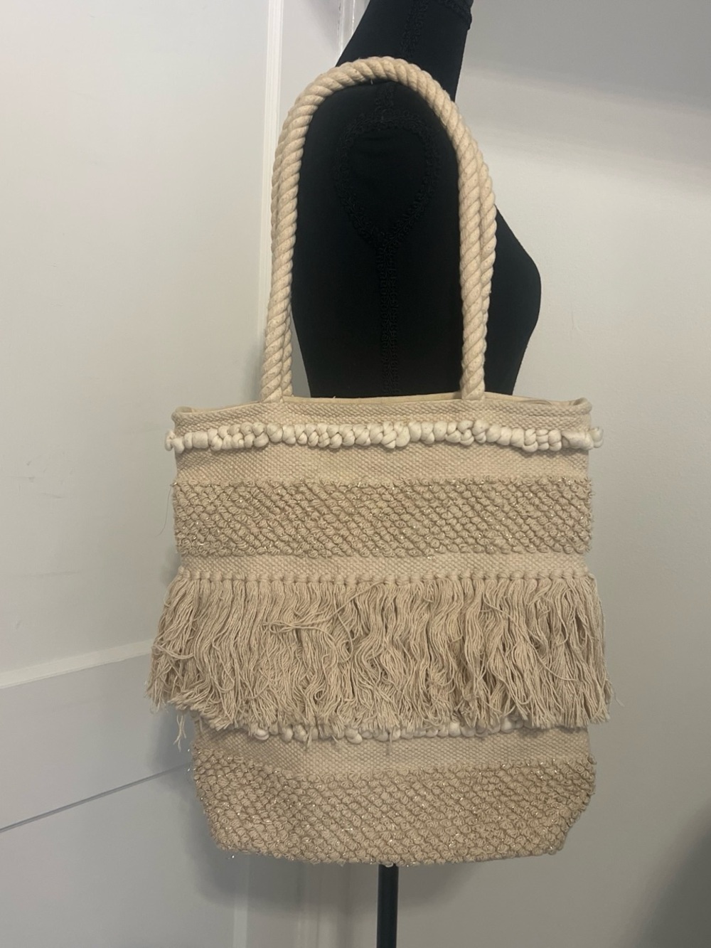 Woven Fringe Tote Bag in Cream